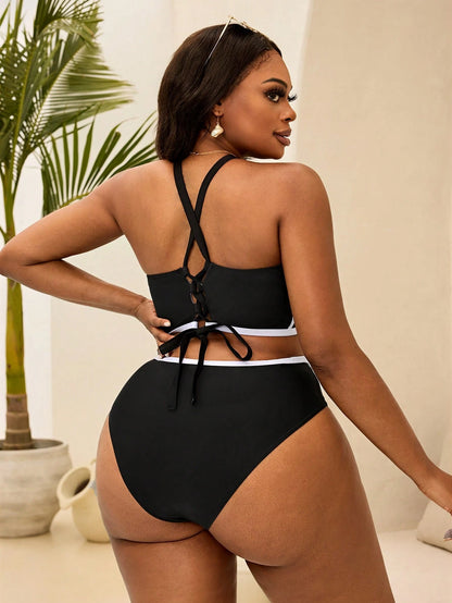 Slaydiva Plus Size Women's Black & White Color Block Steel Hoop Casual Swimwear Set For Summer Beach Vacation