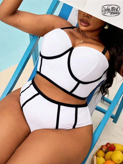 Slaydiva Plus Size Women's Black & White Color Block Steel Hoop Casual Swimwear Set For Summer Beach Vacation