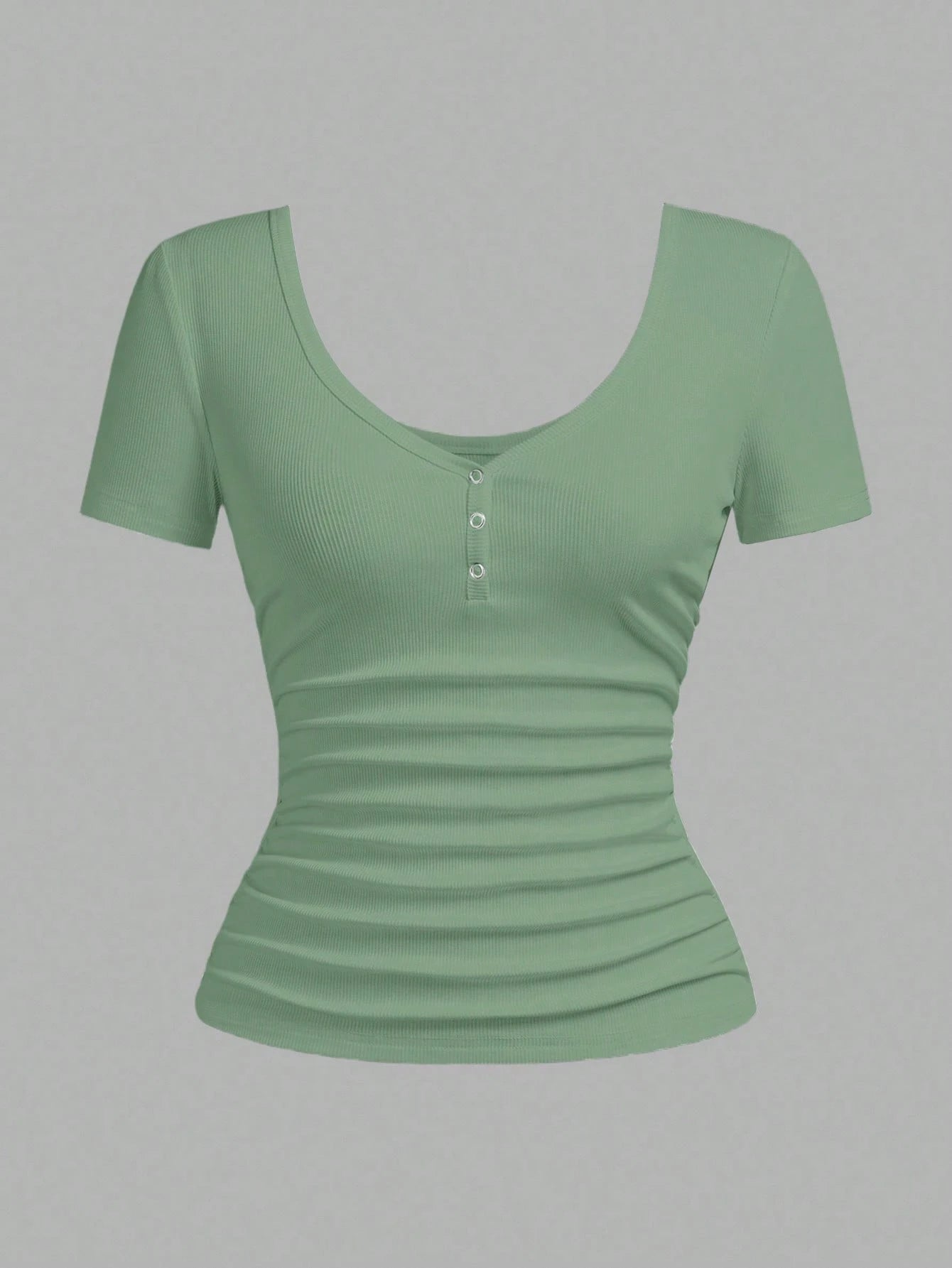 Slaydiva Plus Size Women Solid Color Ruched Fitted Versatile Casual Short Sleeve T-Shirt Formal Holiday Sage Green Summer
