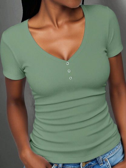 Slaydiva Plus Size Women Solid Color Ruched Fitted Versatile Casual Short Sleeve T-Shirt Formal Holiday Sage Green Summer