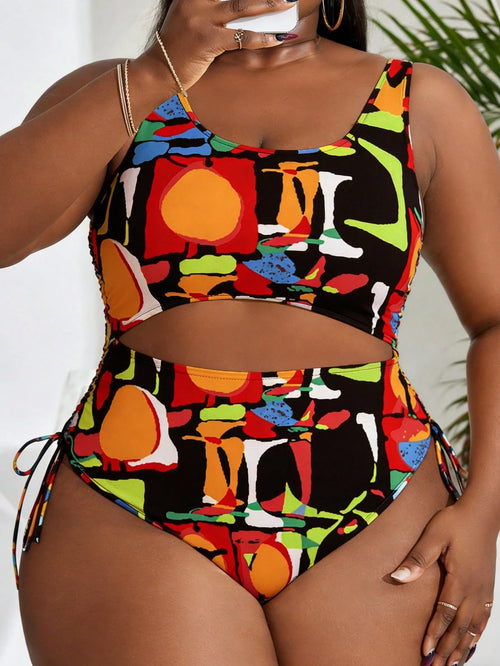 Slaydiva Plus Size Women Solid Color Side Tie One-Piece SwimsuitColorful Random Print Scoop Neck Sleeveless Swimsuit
