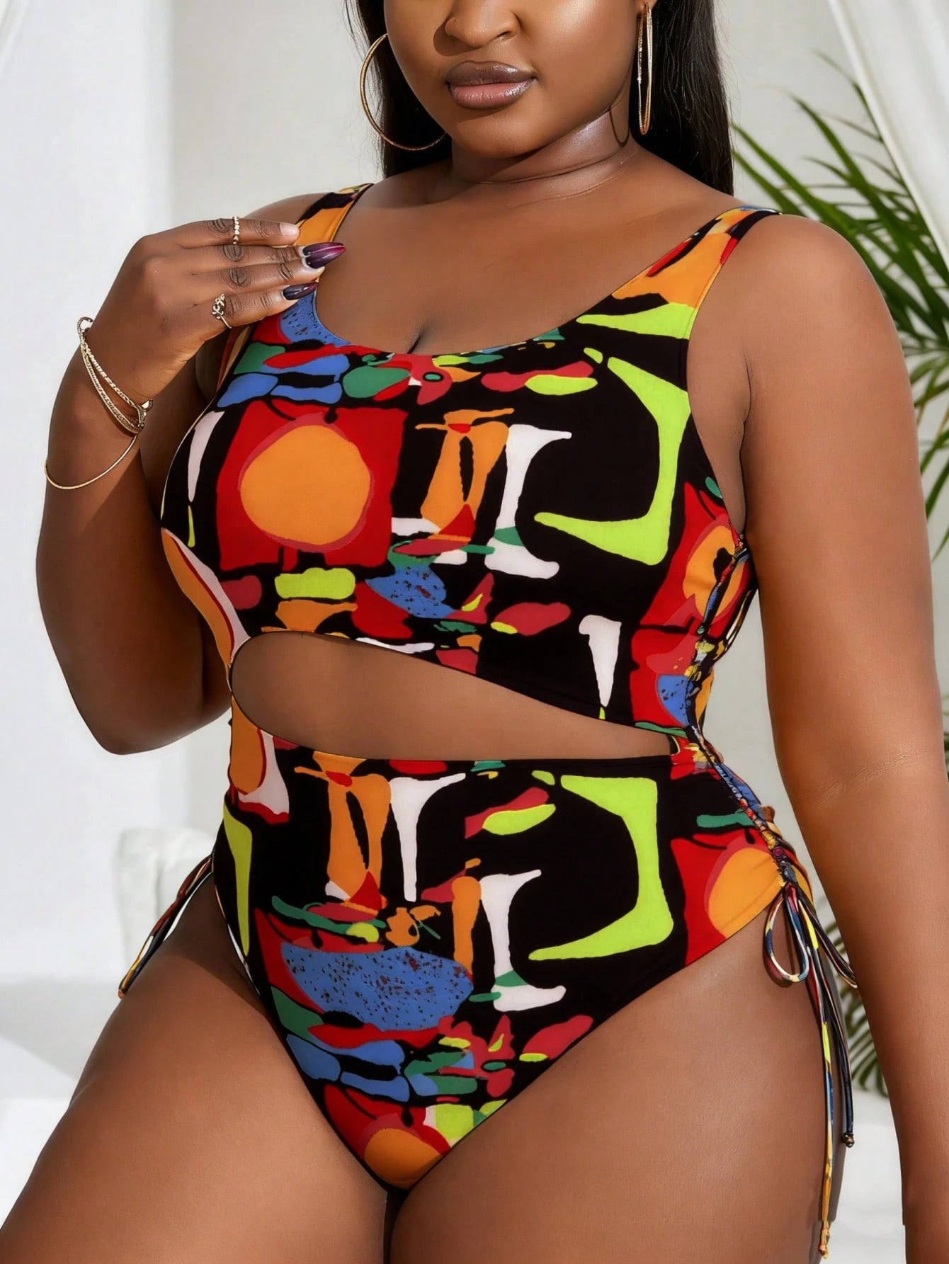 Slaydiva Plus Size Women Solid Color Side Tie One-Piece SwimsuitColorful Random Print Scoop Neck Sleeveless Swimsuit