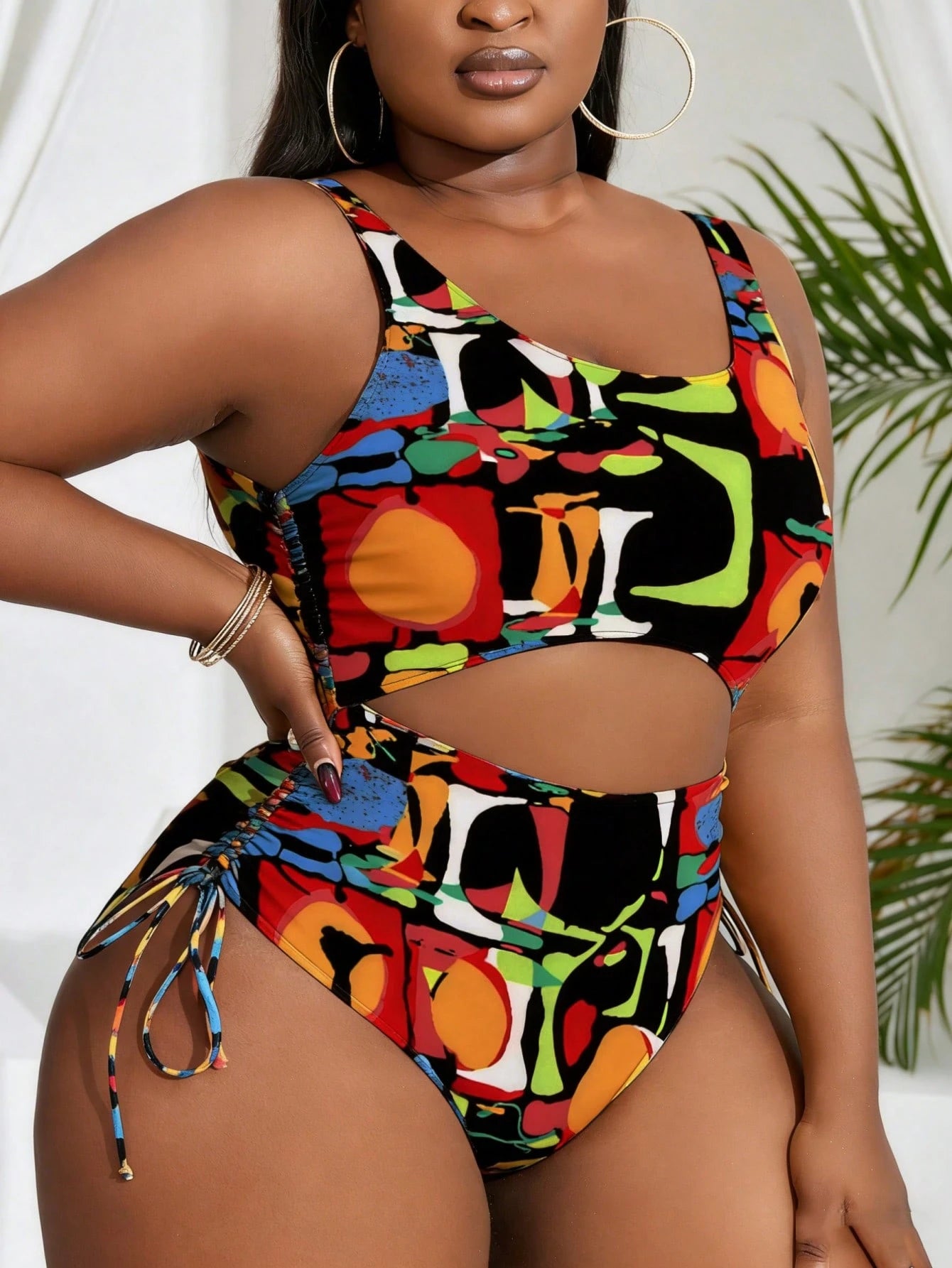 Slaydiva Plus Size Women Solid Color Side Tie One-Piece SwimsuitColorful Random Print Scoop Neck Sleeveless Swimsuit