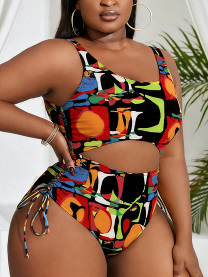 Slaydiva Plus Size Women Solid Color Side Tie One-Piece SwimsuitColorful Random Print Scoop Neck Sleeveless Swimsuit