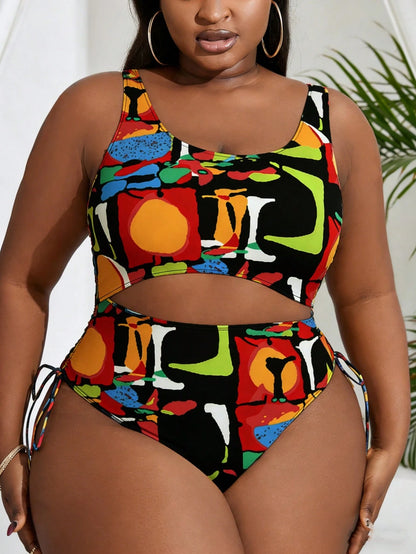 Slaydiva Plus Size Women Solid Color Side Tie One-Piece SwimsuitColorful Random Print Scoop Neck Sleeveless Swimsuit
