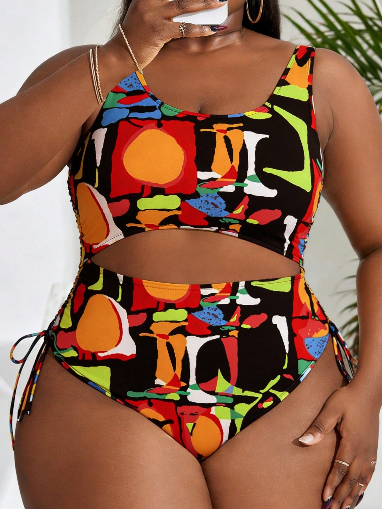 Slaydiva Plus Size Women Solid Color Side Tie One-Piece SwimsuitColorful Random Print Scoop Neck Sleeveless Swimsuit