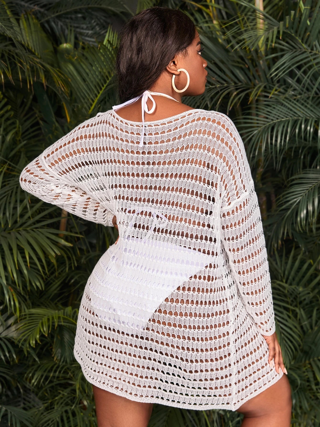 Slaydiva Summer Beach Plus Hollow Out Drop Shoulder Open Knit Cover Up Dress Without Bikini Set