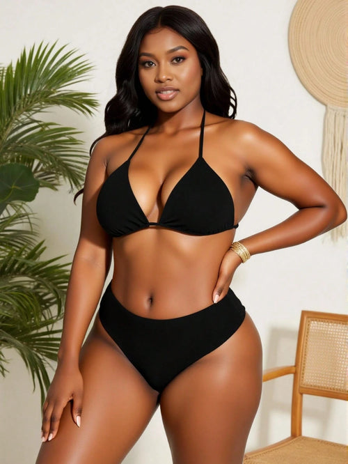 Slaydiva Summer Beach Plus Size Minimalist Bikini Set Halter Triangle Bra & High Waisted Bottom 2 Pieces Bikini