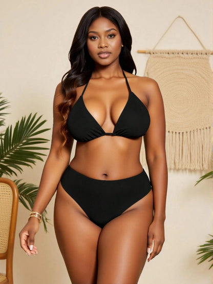 Slaydiva Summer Beach Plus Size Minimalist Bikini Set Halter Triangle Bra & High Waisted Bottom 2 Pieces Bikini