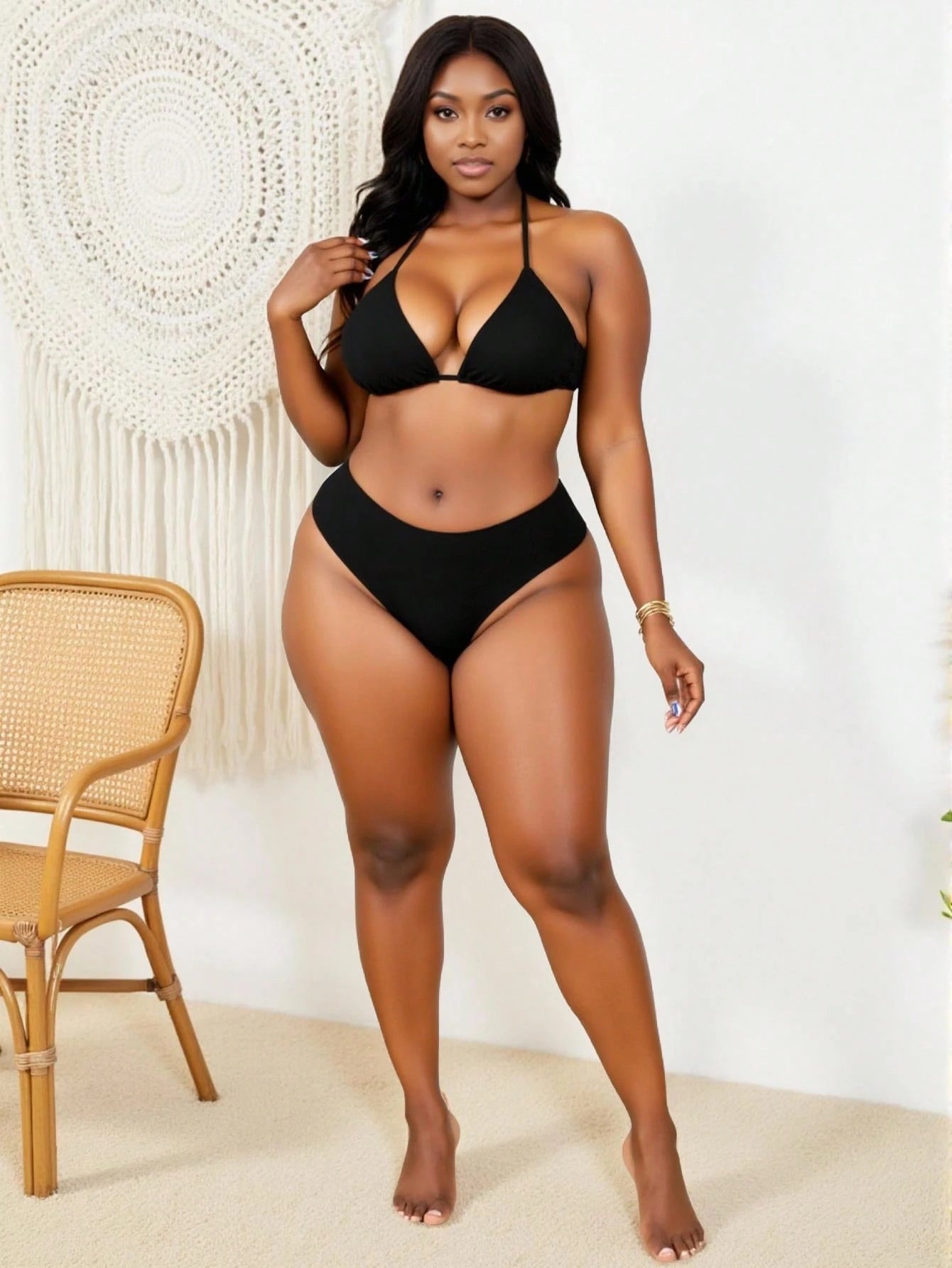 Slaydiva Summer Beach Plus Size Minimalist Bikini Set Halter Triangle Bra & High Waisted Bottom 2 Pieces Bikini