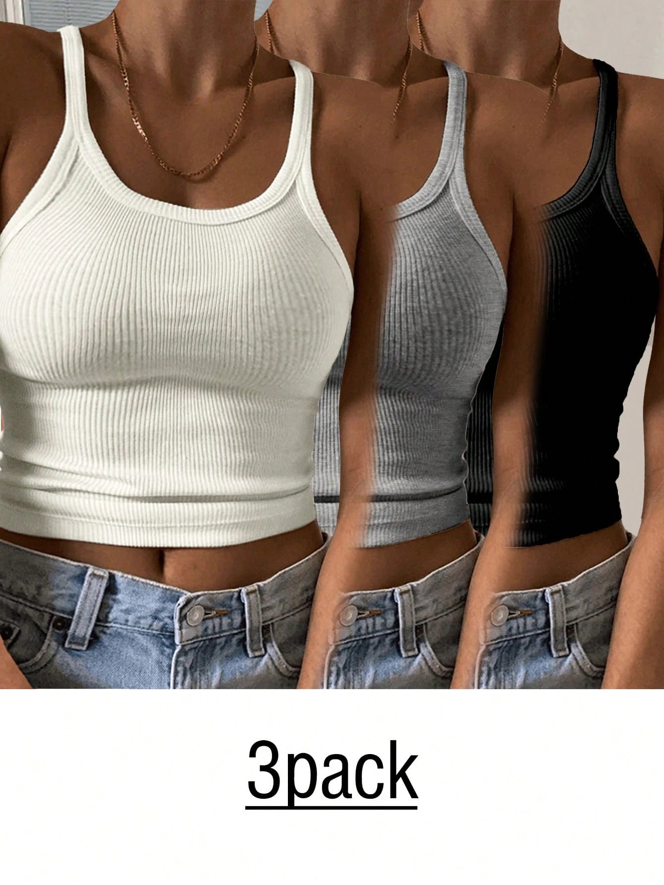 Slaydiva Women's 3-Pack Casual Rib-Knit Scoop Neck Tank Tops, Regular Length Knitted Fabric Camis, Basic Essential Summer Tops Back To School