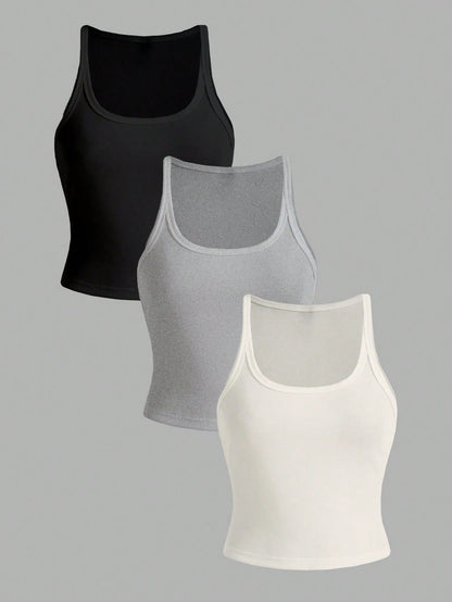 Slaydiva Women's 3-Pack Casual Rib-Knit Scoop Neck Tank Tops, Regular Length Knitted Fabric Camis, Basic Essential Summer Tops Back To School