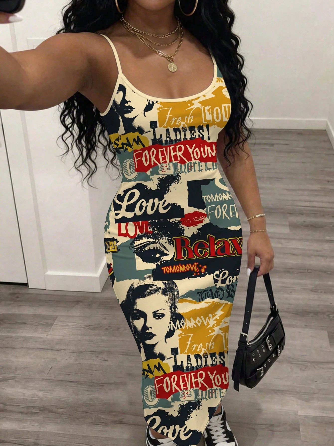 Slaydiva Women's Beige Summer Spaghetti Strap Maxi Dress,Punk Sexy Night Out Retro Patchwork Graphic Resort Wear,Y2K Grunge Streetwear Music Festival Dress