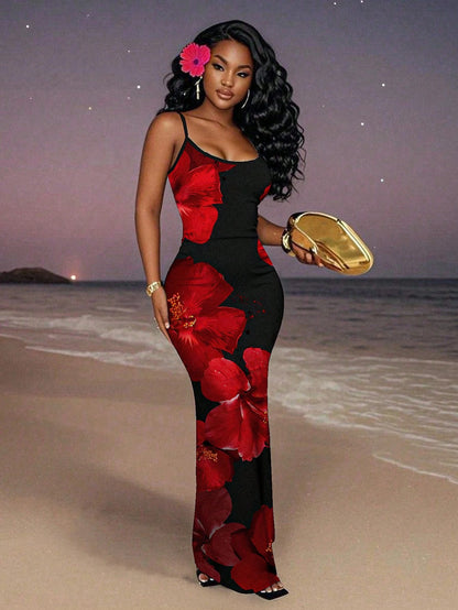 Slaydiva Women's Beige Summer Spaghetti Strap Maxi Dress,Punk Sexy Night Out Retro Patchwork Graphic Resort Wear,Y2K Grunge Streetwear Music Festival Dress