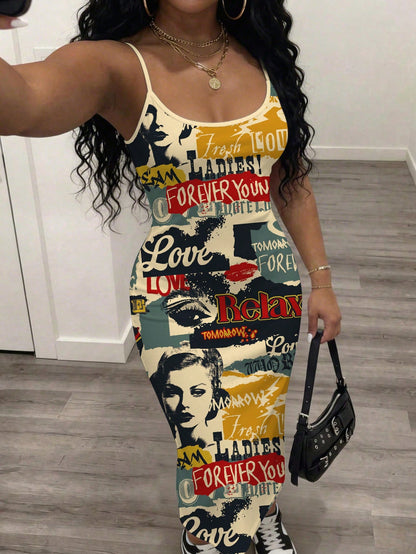 Slaydiva Women's Beige Summer Spaghetti Strap Maxi Dress,Punk Sexy Night Out Retro Patchwork Graphic Resort Wear,Y2K Grunge Streetwear Music Festival Dress
