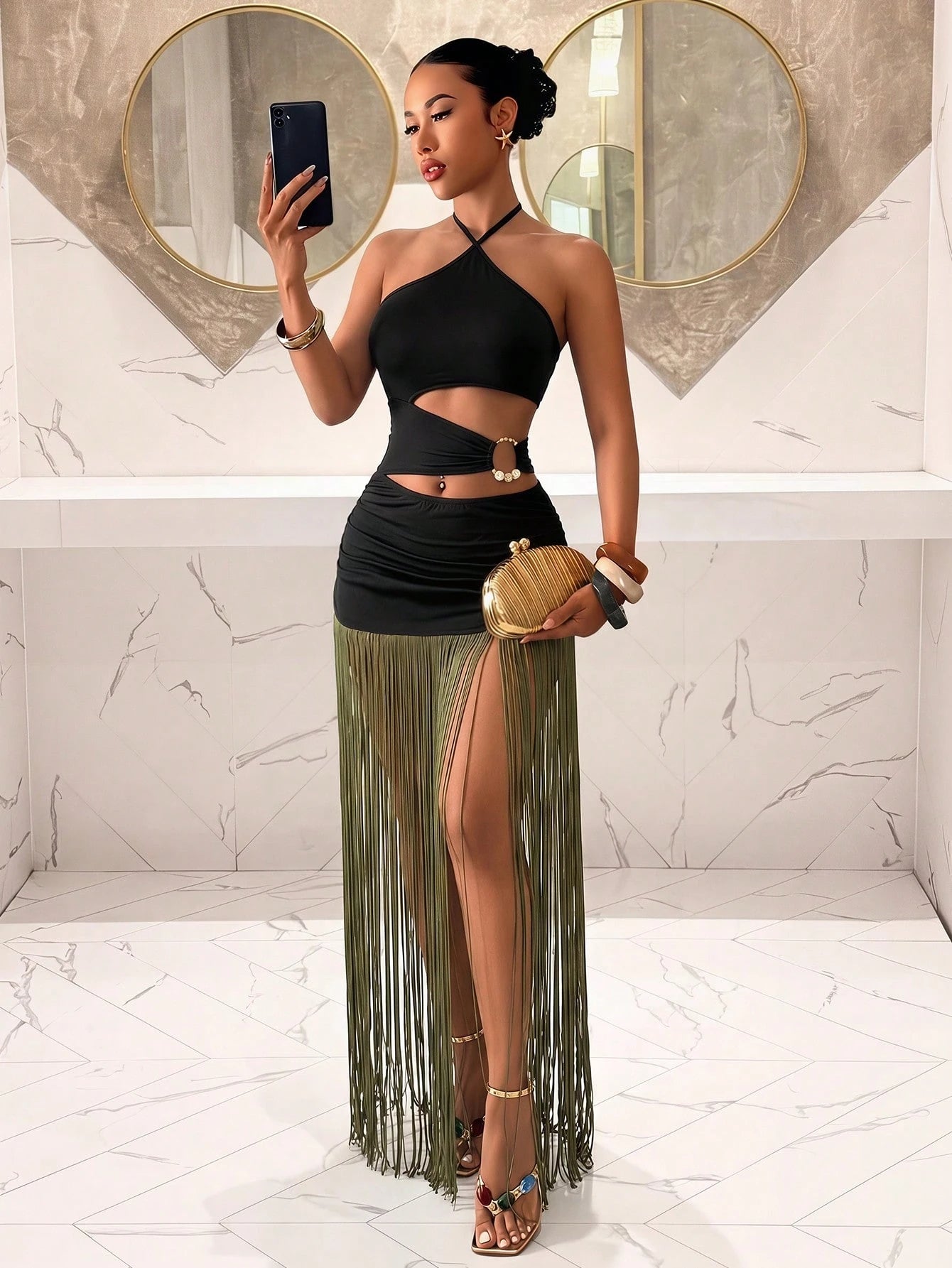 Slaydiva Women's Black Halter Neck Cutout Waist Metallic Fringe Hem Bodycon Maxi Dress- Sexy Party Clubwear-A,Party Dresses For Women