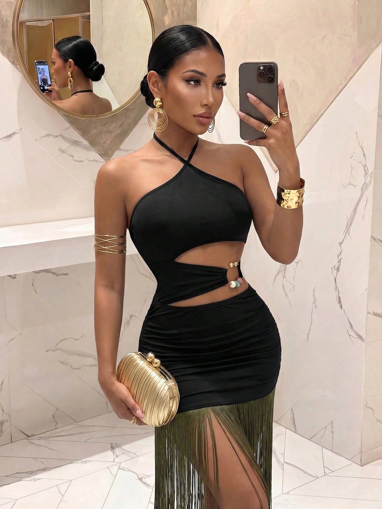 Slaydiva Women's Black Halter Neck Cutout Waist Metallic Fringe Hem Bodycon Maxi Dress- Sexy Party Clubwear-A,Party Dresses For Women