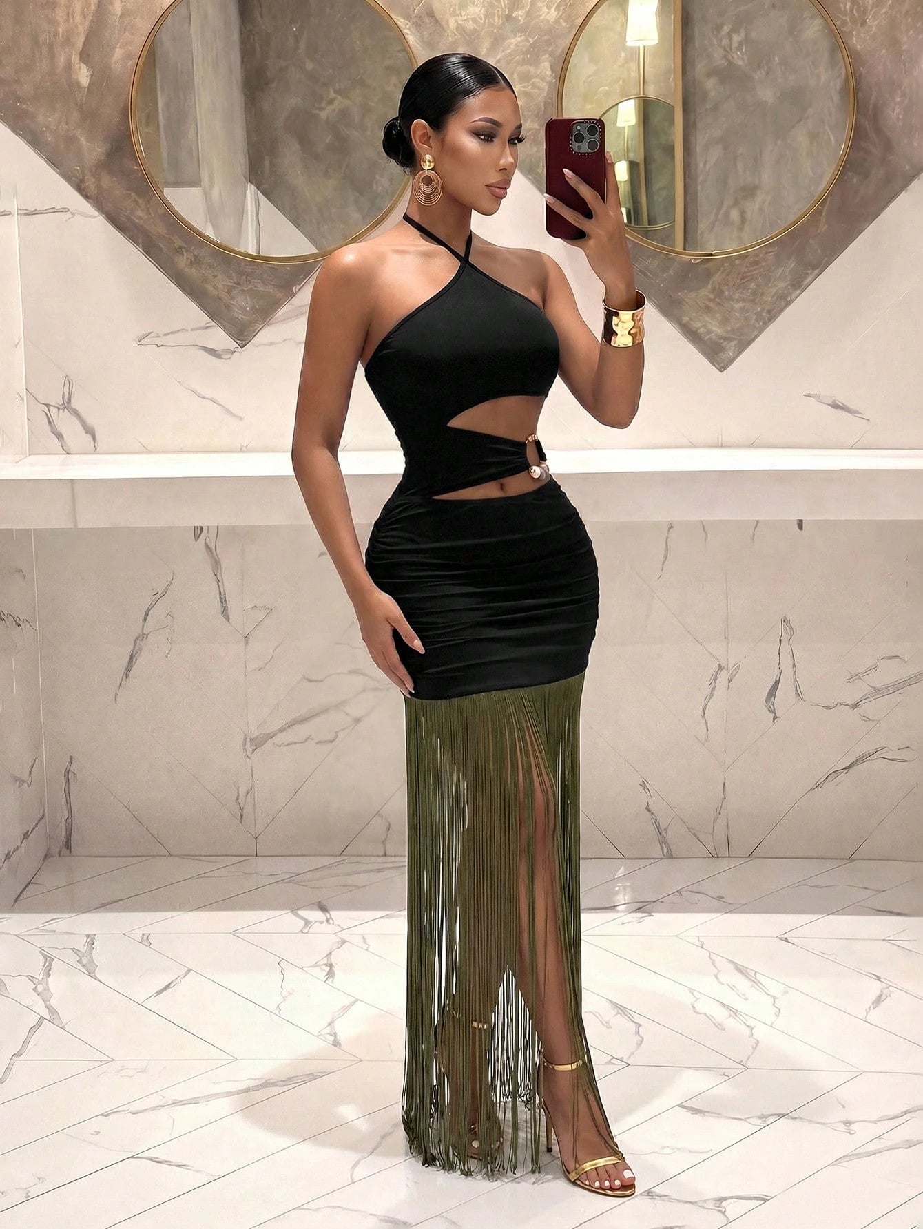 Slaydiva Women's Black Halter Neck Cutout Waist Metallic Fringe Hem Bodycon Maxi Dress- Sexy Party Clubwear-A,Party Dresses For Women