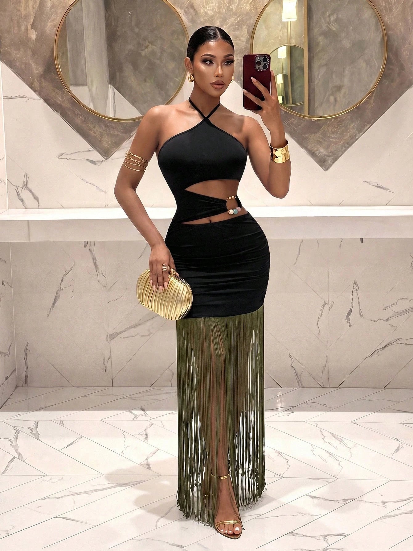 Slaydiva Women's Black Halter Neck Cutout Waist Metallic Fringe Hem Bodycon Maxi Dress- Sexy Party Clubwear-A,Party Dresses For Women