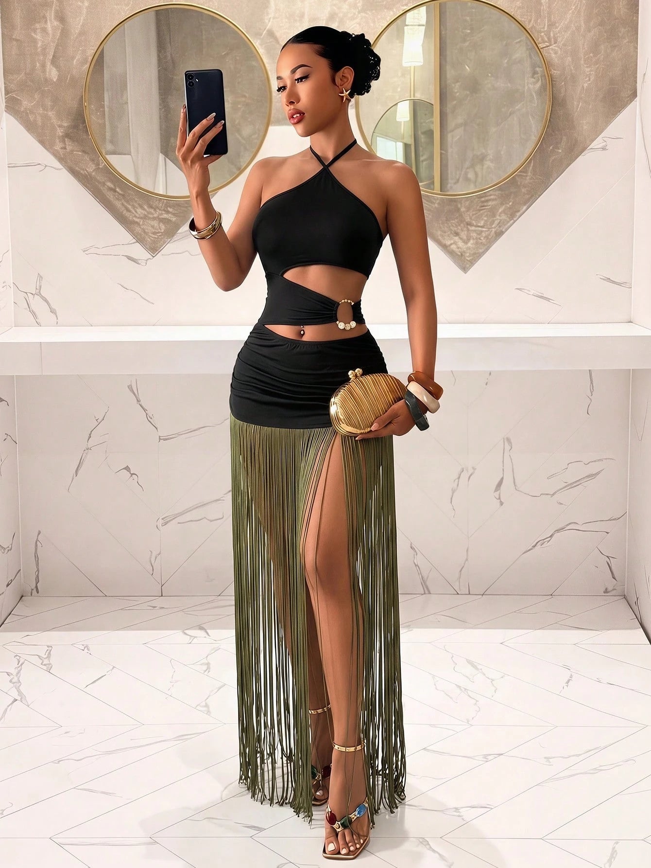 Slaydiva Women's Black Halter Neck Cutout Waist Metallic Fringe Hem Bodycon Maxi Dress- Sexy Party Clubwear-A,Party Dresses For Women