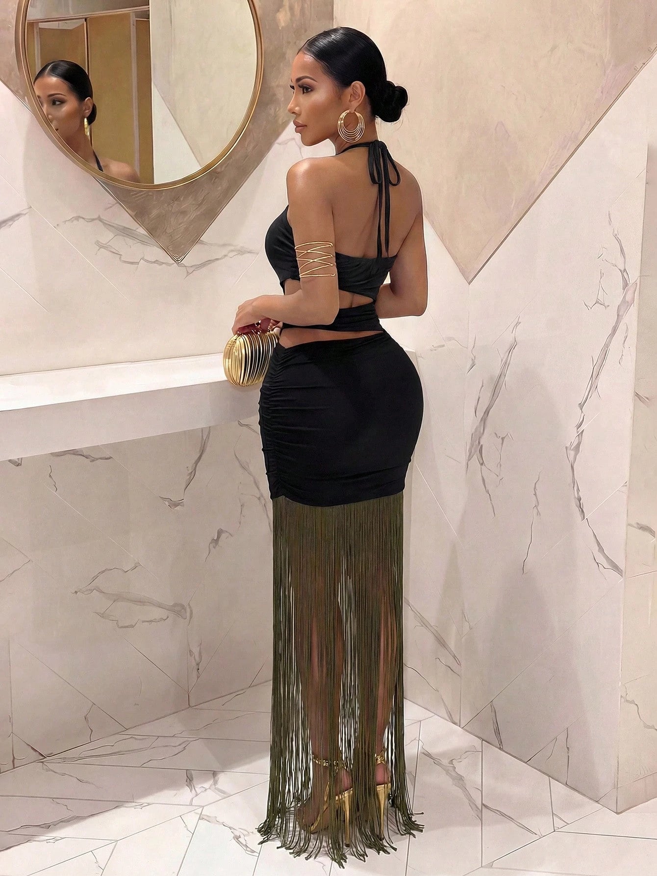 Slaydiva Women's Black Halter Neck Cutout Waist Metallic Fringe Hem Bodycon Maxi Dress- Sexy Party Clubwear-A,Party Dresses For Women