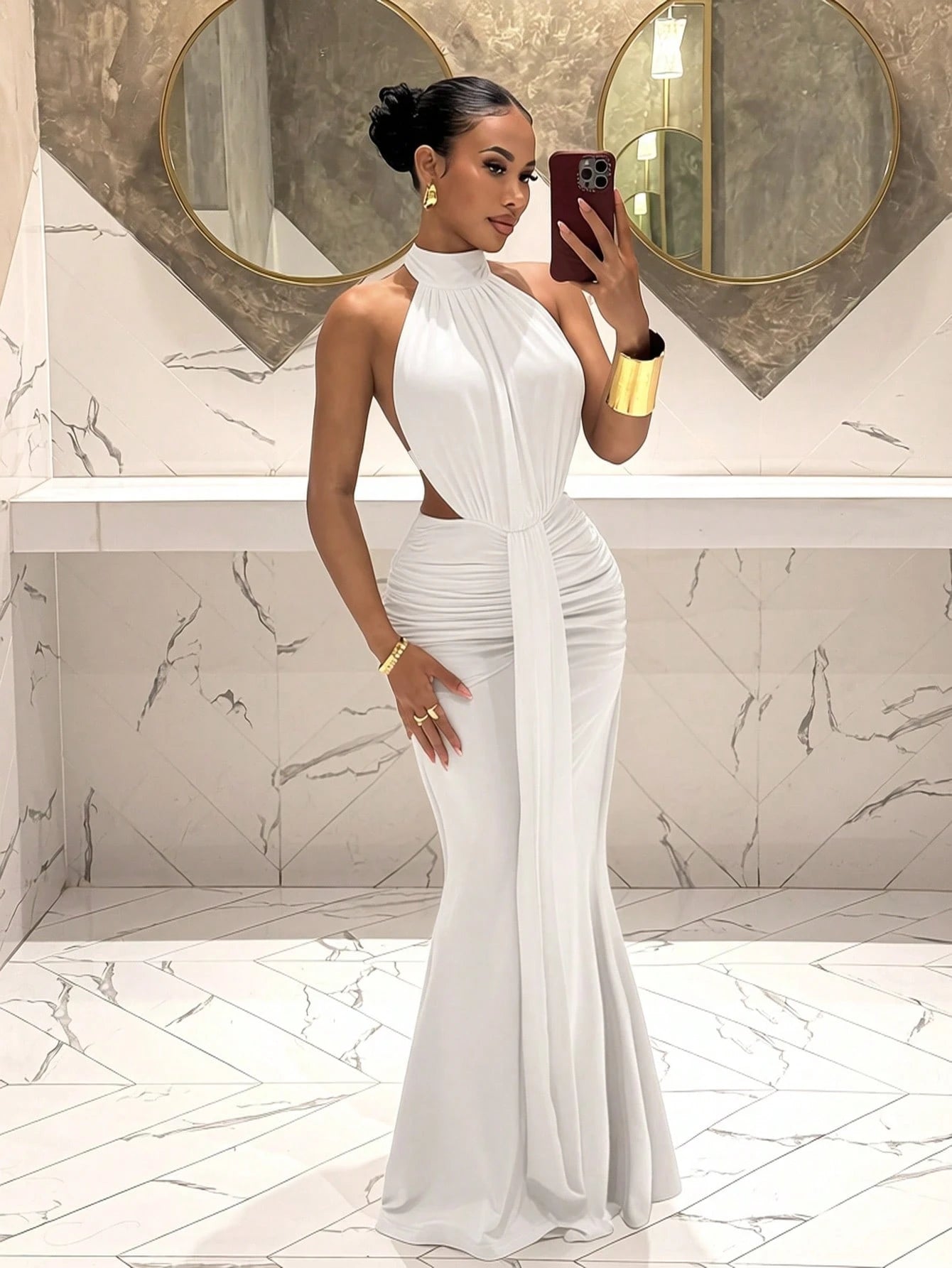 Slaydiva Women's White Backless Long Dress, Elegant Sexy Polka Dot French Style Summer Wedding Guest Dinner Graduation Party Night Outfits, Spring Tea Dresses