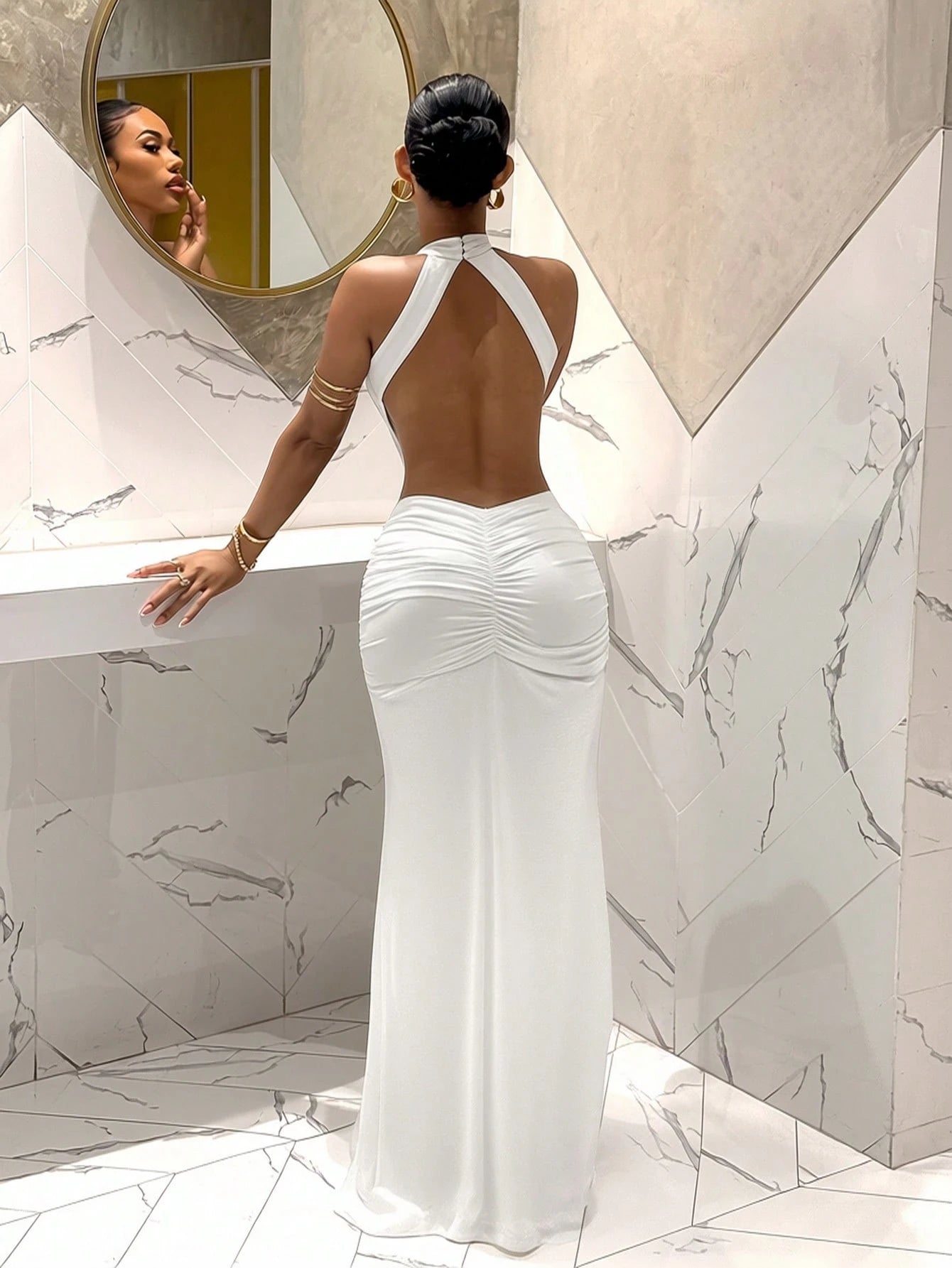Slaydiva Women's White Backless Long Dress, Elegant Sexy Polka Dot French Style Summer Wedding Guest Dinner Graduation Party Night Outfits, Spring Tea Dresses