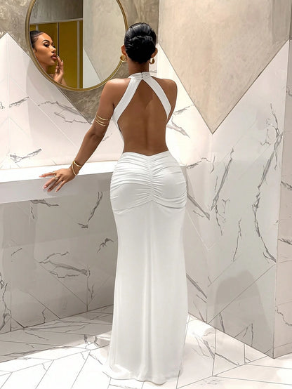 Slaydiva Women's White Backless Long Dress, Elegant Sexy Polka Dot French Style Summer Wedding Guest Dinner Graduation Party Night Outfits, Spring Tea Dresses