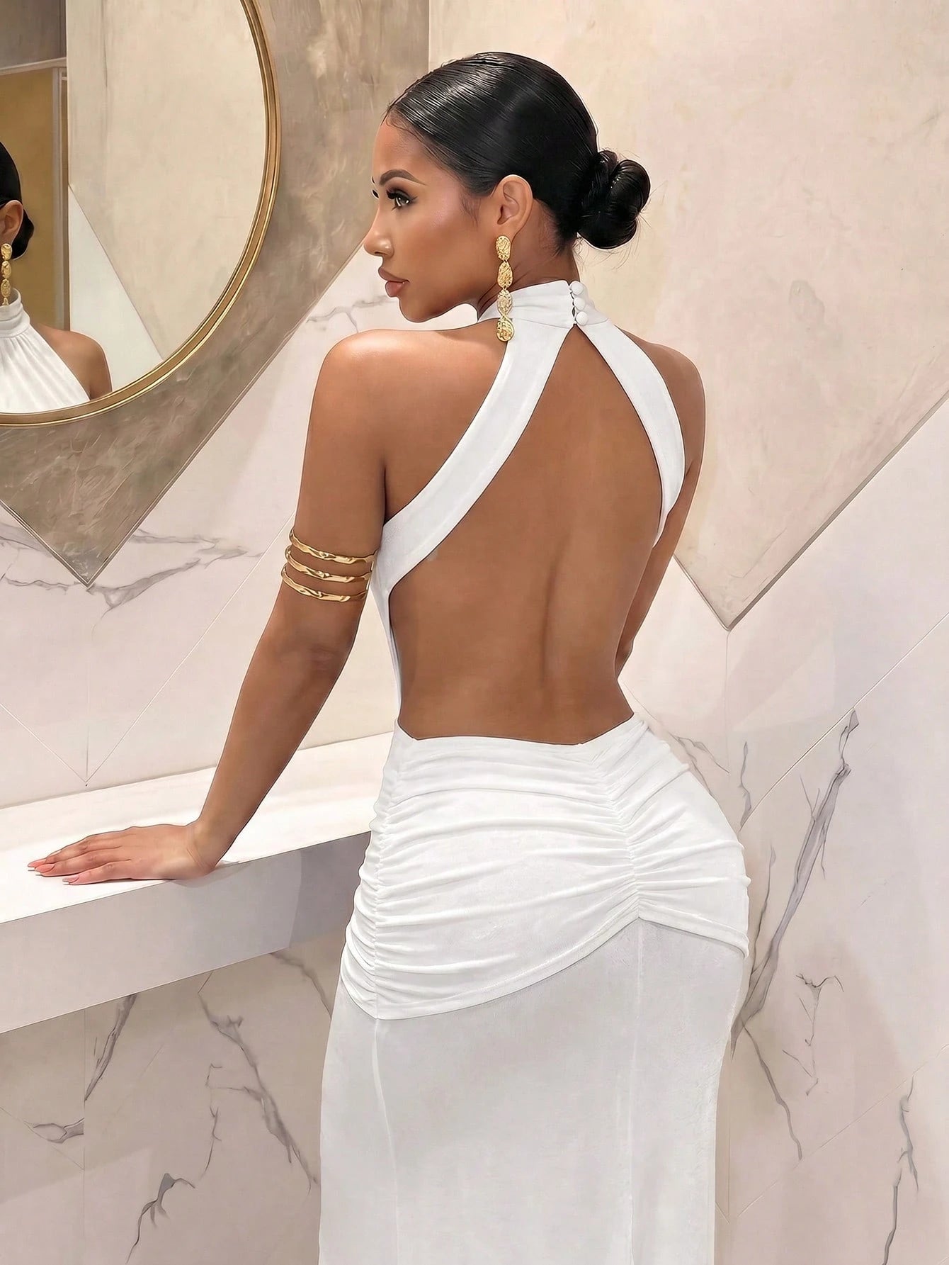Slaydiva Women's White Backless Long Dress, Elegant Sexy Polka Dot French Style Summer Wedding Guest Dinner Graduation Party Night Outfits, Spring Tea Dresses