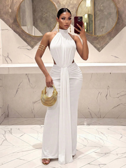 Slaydiva Women's White Backless Long Dress, Elegant Sexy Polka Dot French Style Summer Wedding Guest Dinner Graduation Party Night Outfits, Spring Tea Dresses
