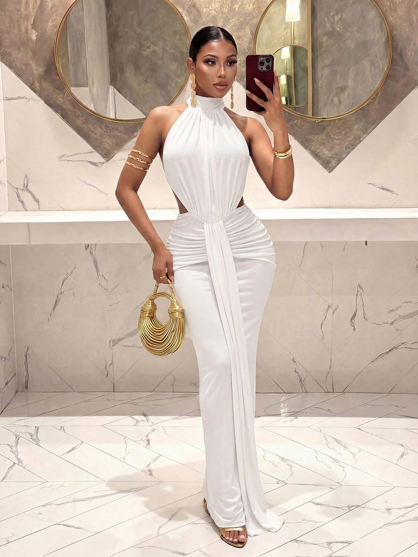 Slaydiva Women's White Backless Long Dress, Elegant Sexy Polka Dot French Style Summer Wedding Guest Dinner Graduation Party Night Outfits, Spring Tea Dresses