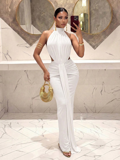 Slaydiva Women's White Backless Long Dress, Elegant Sexy Polka Dot French Style Summer Wedding Guest Dinner Graduation Party Night Outfits, Spring Tea Dresses