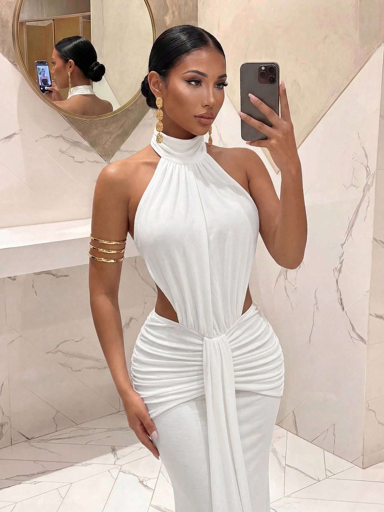 Slaydiva Women's White Backless Long Dress, Elegant Sexy Polka Dot French Style Summer Wedding Guest Dinner Graduation Party Night Outfits, Spring Tea Dresses