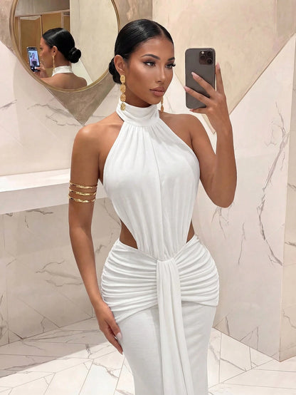 Slaydiva Women's White Backless Long Dress, Elegant Sexy Polka Dot French Style Summer Wedding Guest Dinner Graduation Party Night Outfits, Spring Tea Dresses