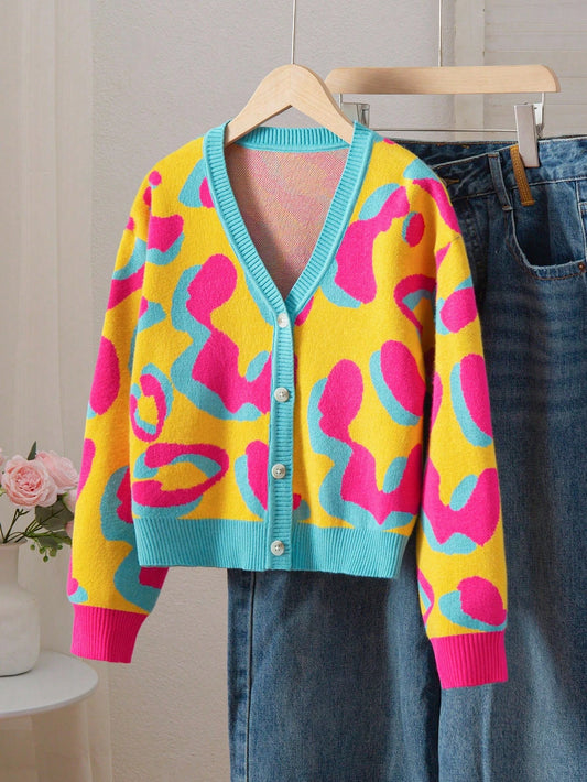 Soft Yellow, Autumn, Cute, Holiday, Back-To-School Girls Patterned Jacquard Knit Cardigan, Long Sleeve Leopard Print Button Up Sweater For Tween Girl Fall