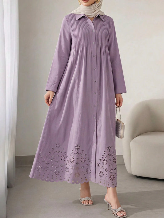 Solavon Women's Elegant Pleated Hollow Out Single-Breasted Long Sleeve Dress