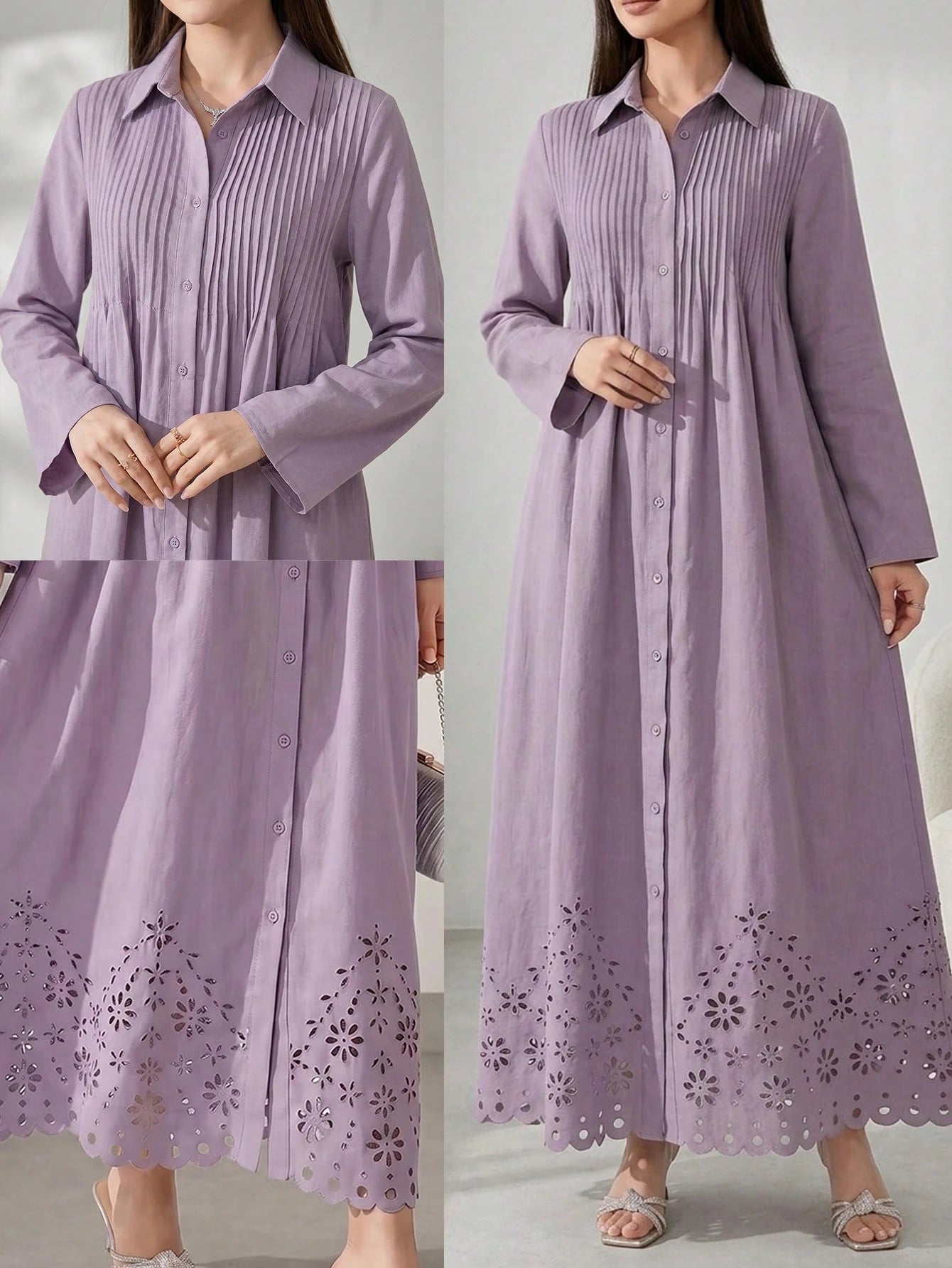 Solavon Women's Elegant Pleated Hollow Out Single-Breasted Long Sleeve Dress