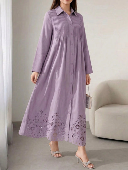 Solavon Women's Elegant Pleated Hollow Out Single-Breasted Long Sleeve Dress