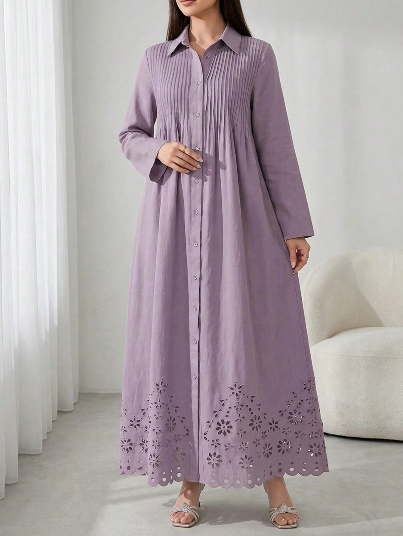 Solavon Women's Elegant Pleated Hollow Out Single-Breasted Long Sleeve Dress