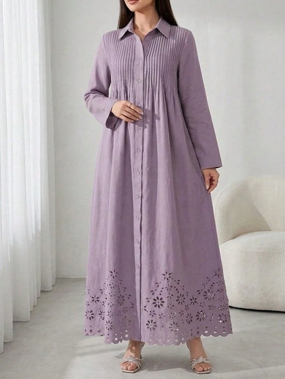 Solavon Women's Elegant Pleated Hollow Out Single-Breasted Long Sleeve Dress