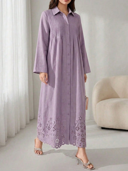 Solavon Women's Elegant Pleated Hollow Out Single-Breasted Long Sleeve Dress