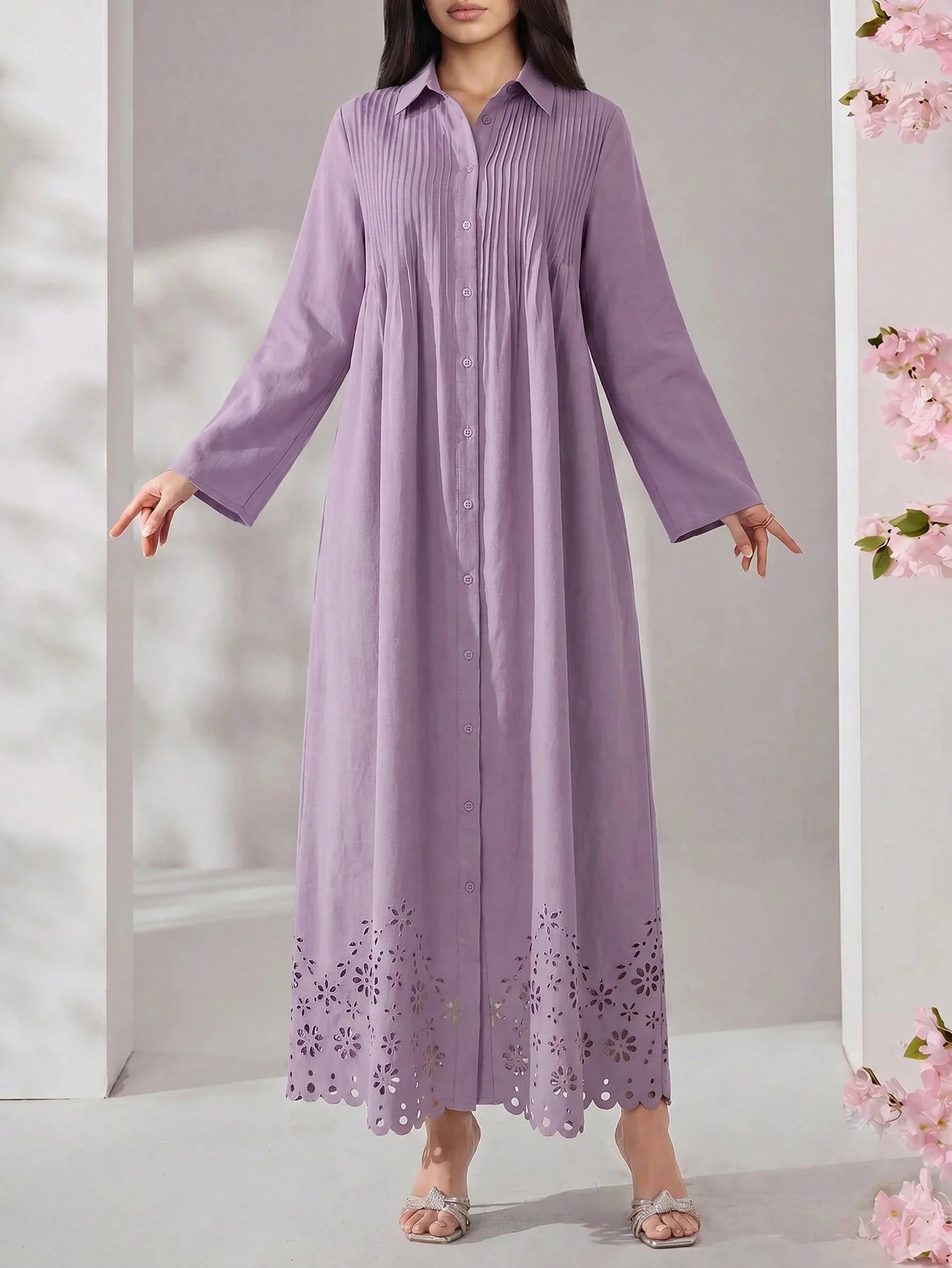 Solavon Women's Elegant Pleated Hollow Out Single-Breasted Long Sleeve Dress