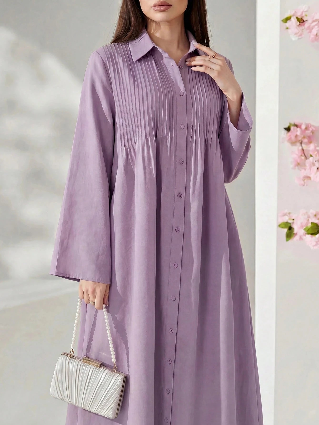 Solavon Women's Elegant Pleated Hollow Out Single-Breasted Long Sleeve Dress
