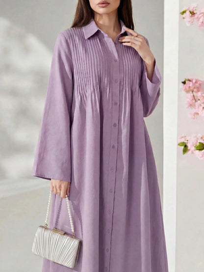 Solavon Women's Elegant Pleated Hollow Out Single-Breasted Long Sleeve Dress
