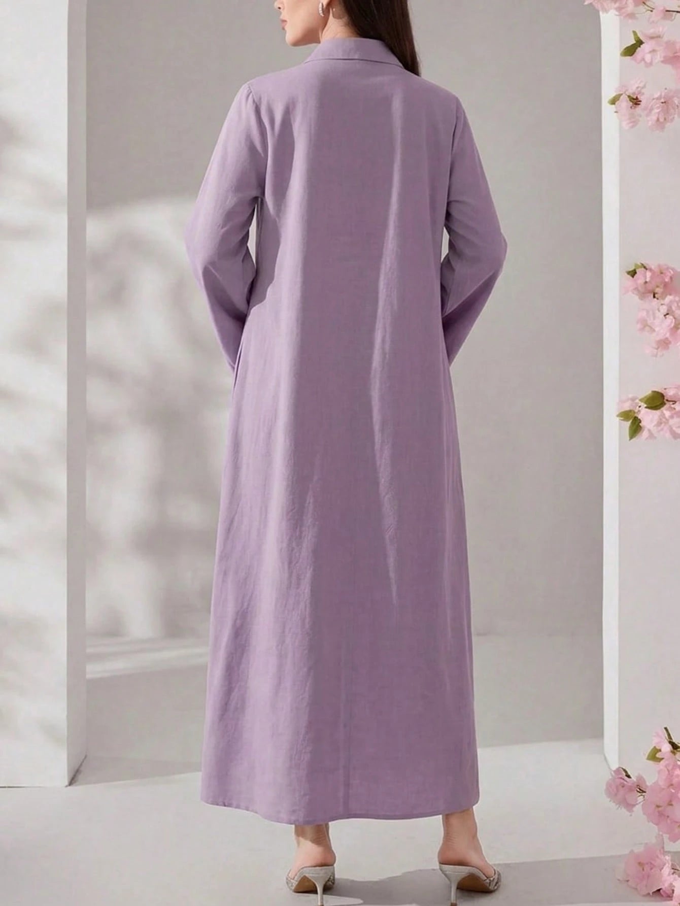 Solavon Women's Elegant Pleated Hollow Out Single-Breasted Long Sleeve Dress
