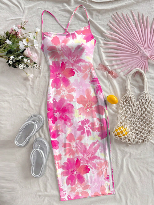 Soleia Casual Floral Print Adjustable Strap Fitted Dress Suitable For Summer Vacation,Dresses Women Bodycon Chic,No Chest Padding