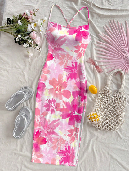 Soleia Casual Floral Print Adjustable Strap Fitted Dress Suitable For Summer Vacation,Dresses Women Bodycon Chic,No Chest Padding