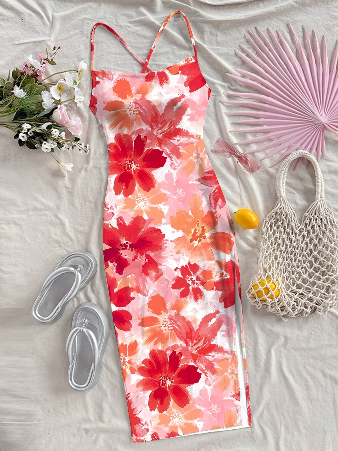 Soleia Casual Floral Print Adjustable Strap Fitted Dress Suitable For Summer Vacation,Dresses Women Bodycon Chic,No Chest Padding