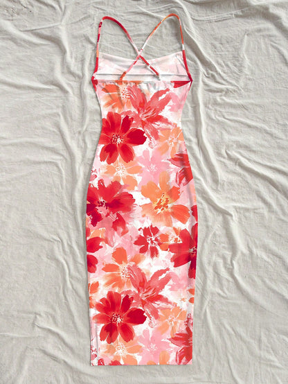 Soleia Casual Floral Print Adjustable Strap Fitted Dress Suitable For Summer Vacation,Dresses Women Bodycon Chic,No Chest Padding