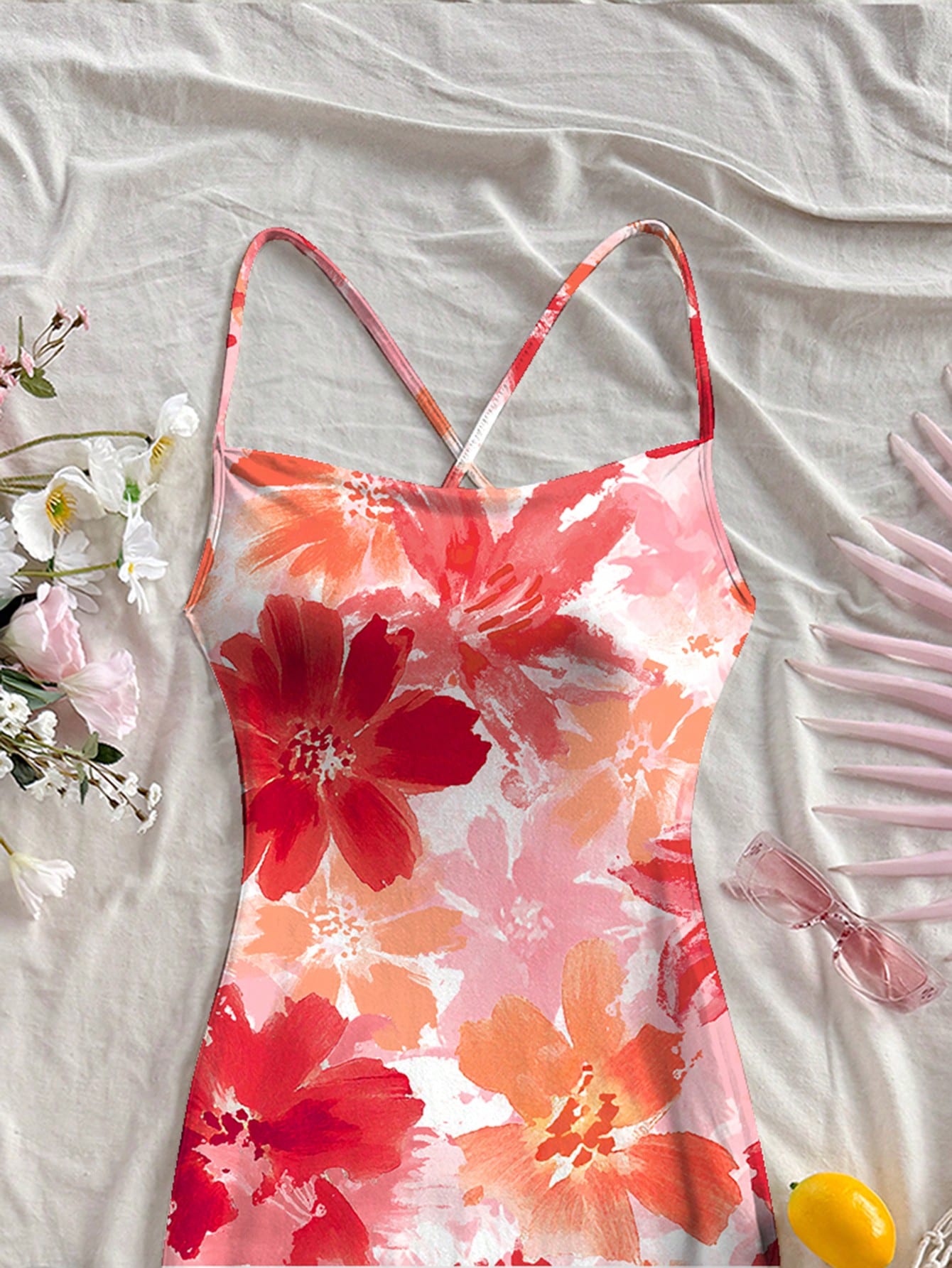 Soleia Casual Floral Print Adjustable Strap Fitted Dress Suitable For Summer Vacation,Dresses Women Bodycon Chic,No Chest Padding